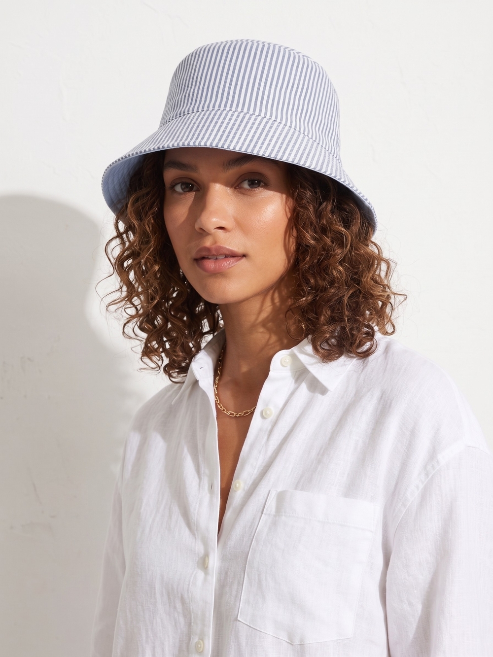 Source Unknown Light Blue and White Striped Bucket Hat - Women Accessories